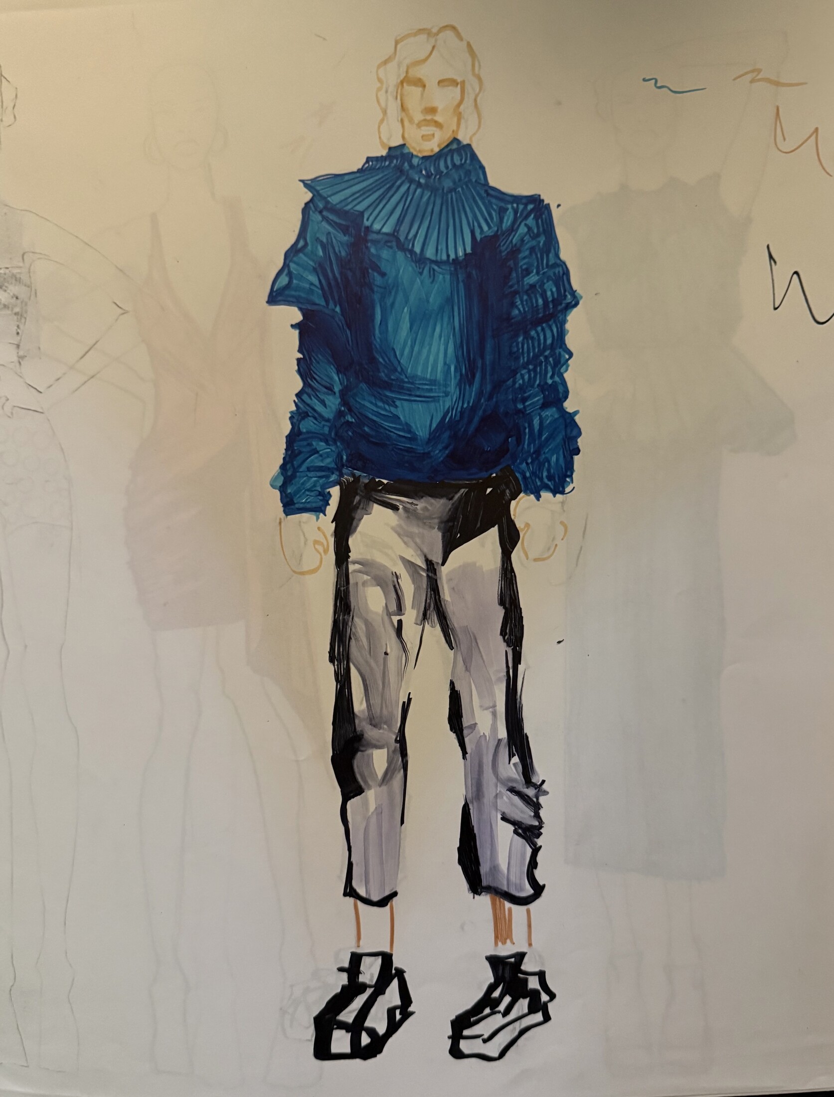 Blue Ruffled Figure — Marker and pencil on paper